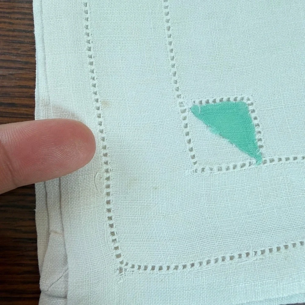 Vintage Linen Napkin Handkerchief Set 7pc Green Hemstitch Yellow Floral Applique